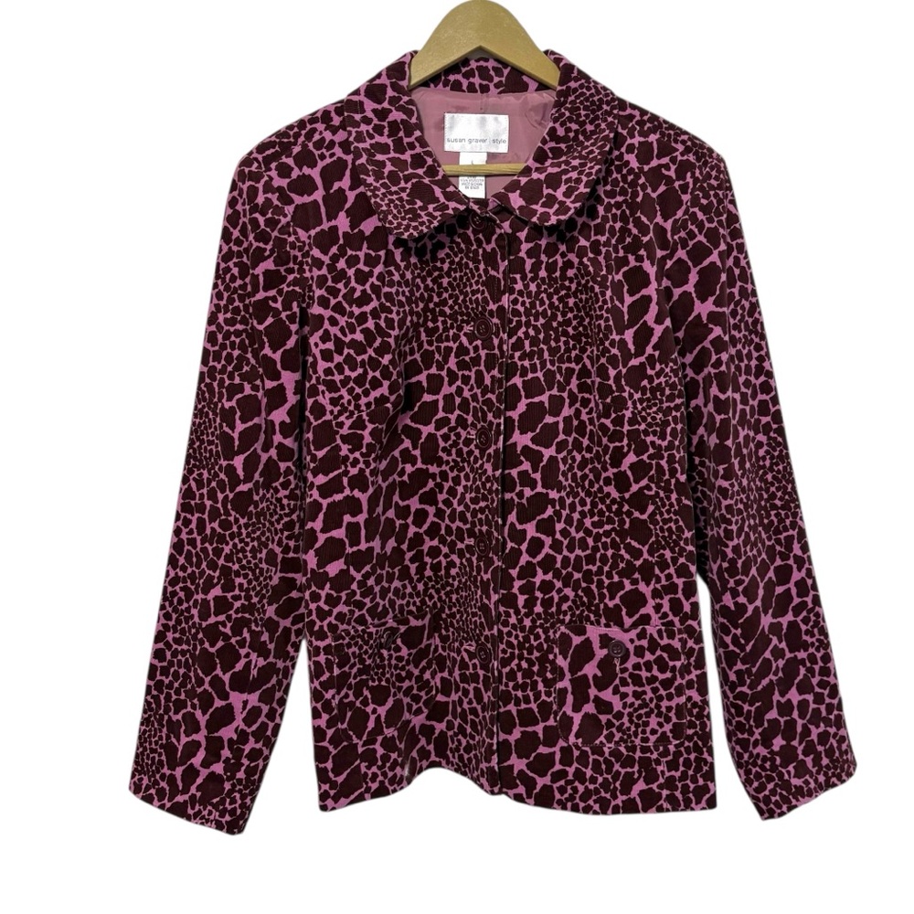 Susan Graver Large Pink Burgundy Animal Print Button Up‎ Blazer Business Artsy